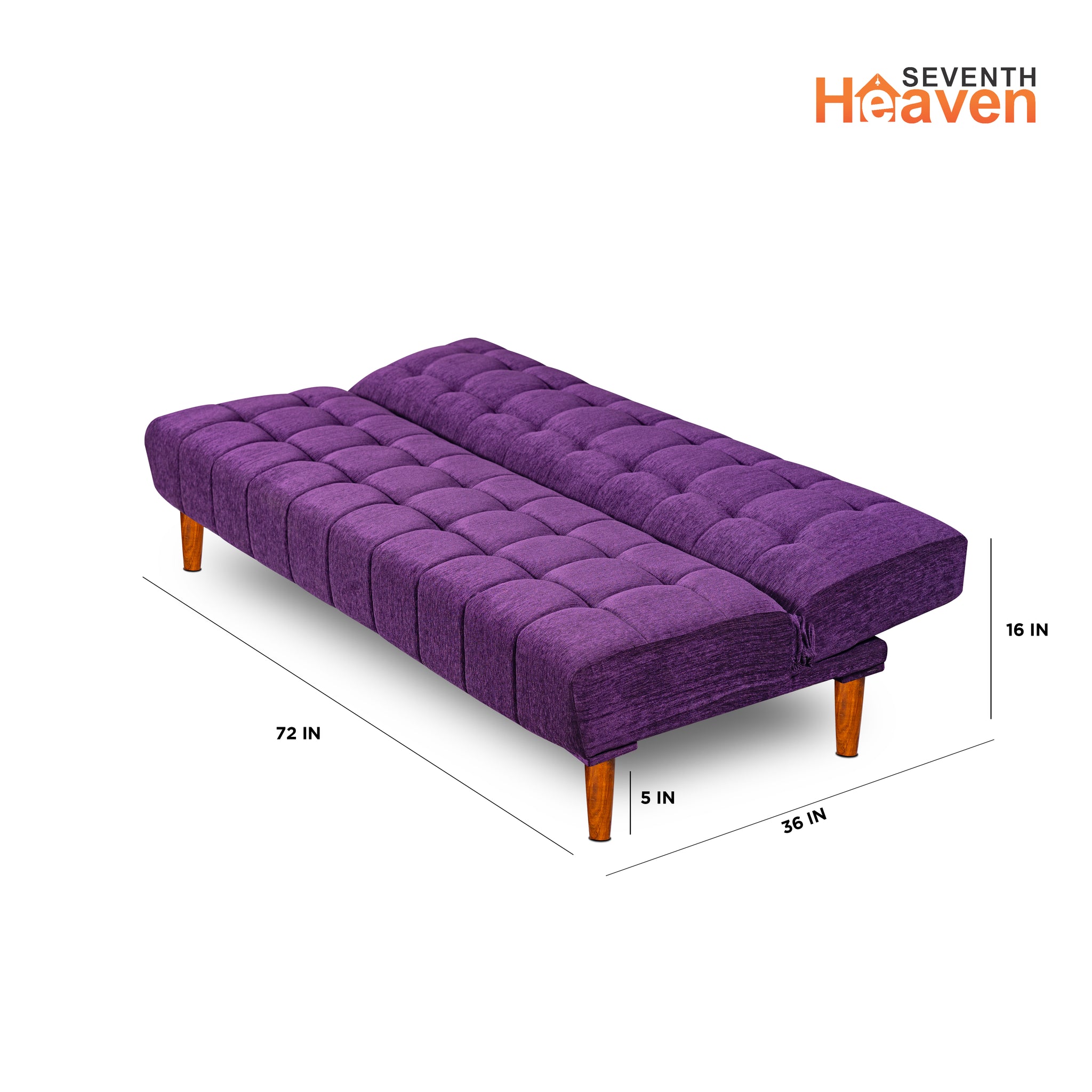 Seventh Heaven Florida Neo 4 Seater Wooden Sofa Cum Bed Modern & Elegant Smart Furniture Range for luxurious homes, living rooms and offices. Use as a sofa, lounger or bed. Perfect for guests. Molphino fabric with sheesham polished wooden legs. Purple colour.