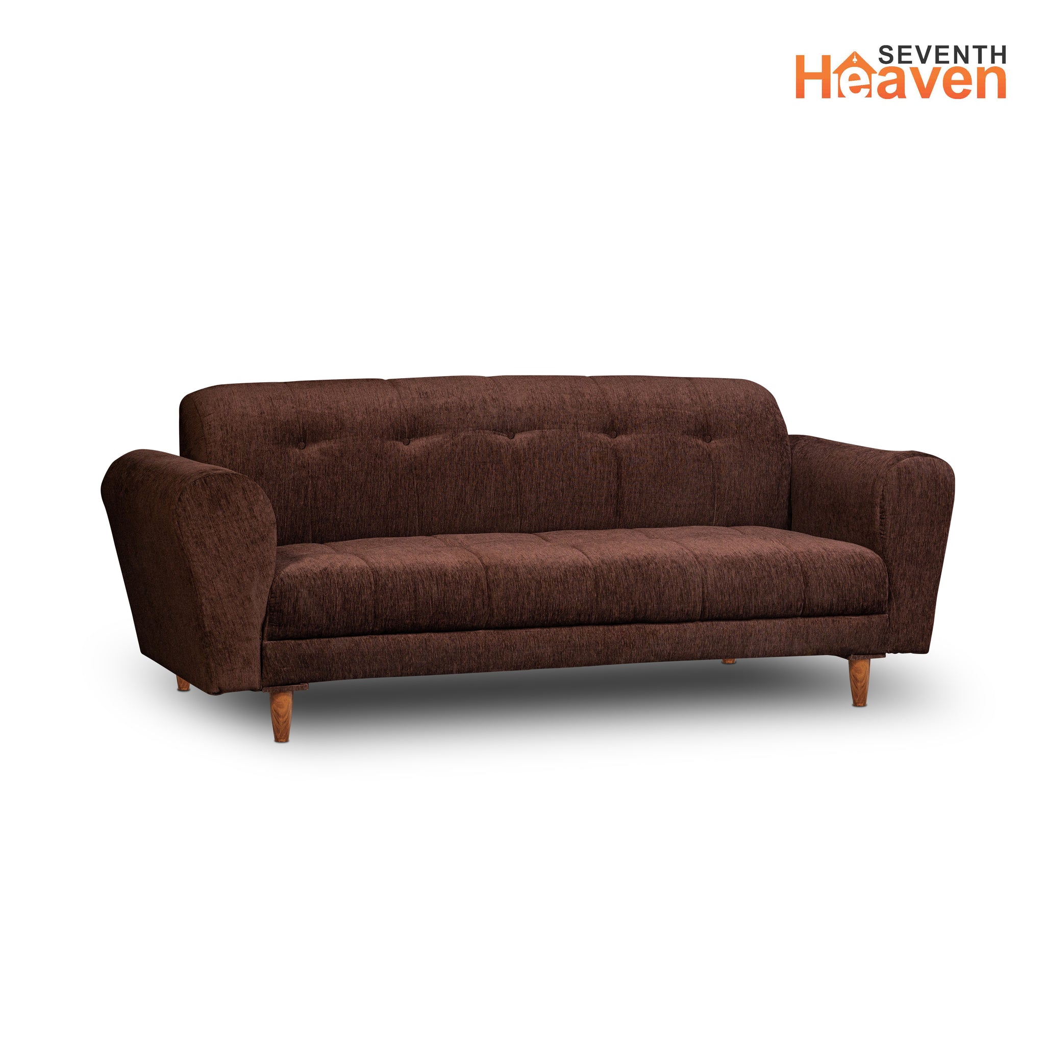 Seventh Heaven Milan 3 Seater Wooden Sofa Set Modern & Elegant Smart Furniture Range for luxurious homes, living rooms and offices. Brown Colour Molphino fabric with sheesham polished wooden legs.