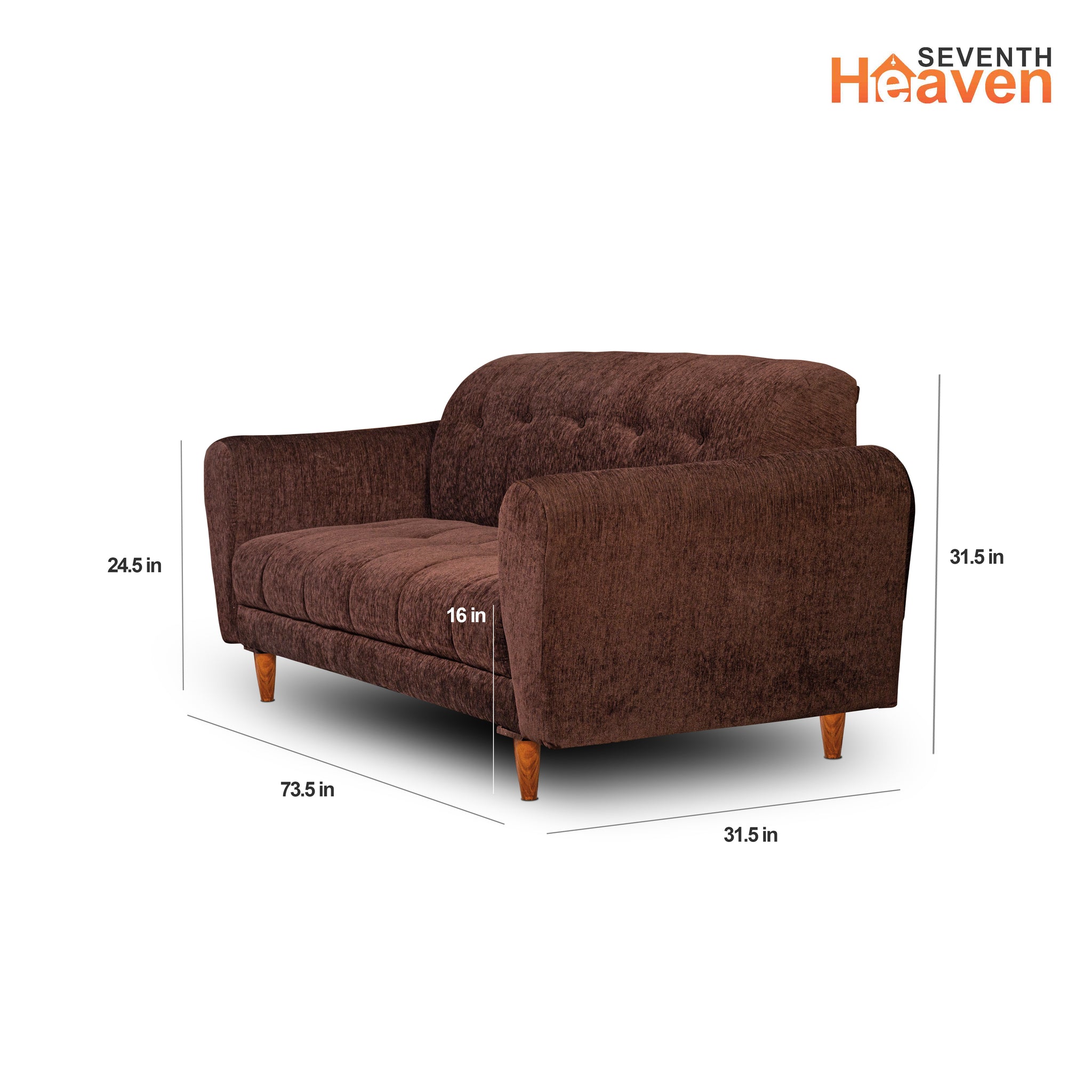 Seventh Heaven Milan 3 Seater Wooden Sofa Set Modern & Elegant Smart Furniture Range for luxurious homes, living rooms and offices. Brown Colour Molphino fabric with sheesham polished wooden legs. Product dimensions are also mentioned.