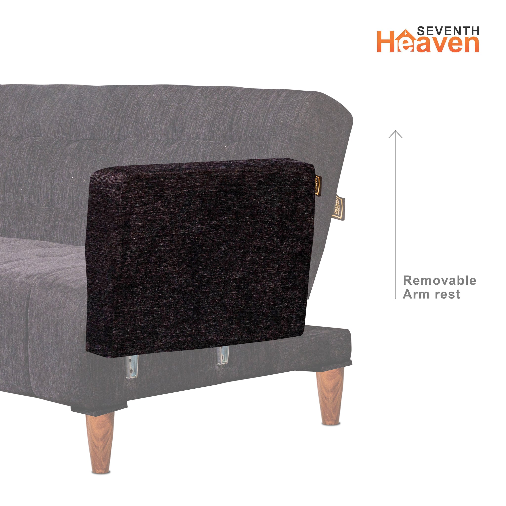 Seventh Heaven Lisbon 4 Seater Wooden Sofa Cum Bed with Armrest. Modern & Elegant Smart Furniture Range for luxurious homes, living rooms and offices. Use as a sofa, lounger or bed with removable armrest. Perfect for guests. Molphino fabric with sheesham polished wooden legs. Black colour.