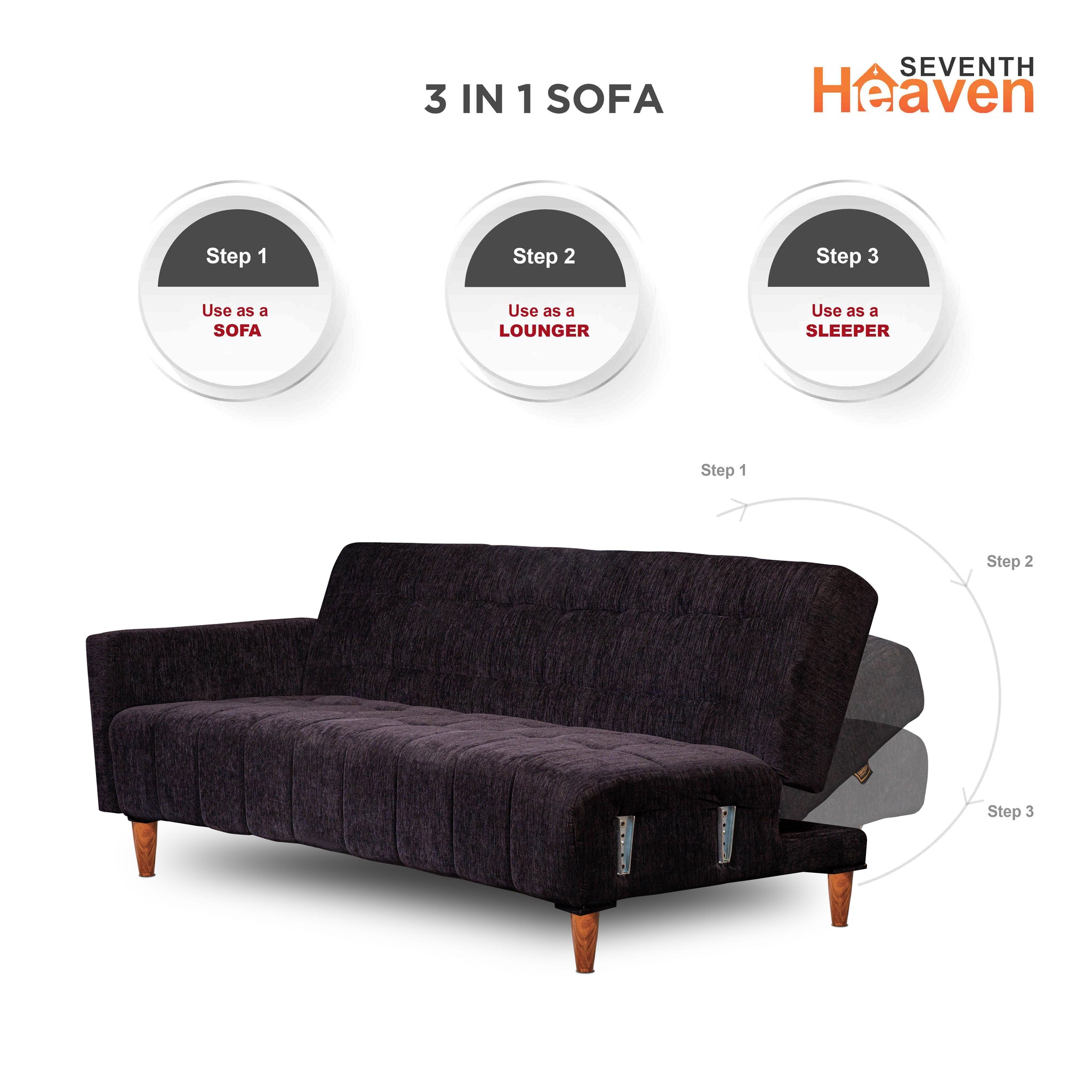Seventh Heaven Lisbon 4 Seater Wooden Sofa Cum Bed with Armrest. Modern & Elegant Smart Furniture Range for luxurious homes, living rooms and offices. Use as a sofa, lounger or bed with removable armrest. Perfect for guests. Molphino fabric with sheesham polished wooden legs. Black colour.