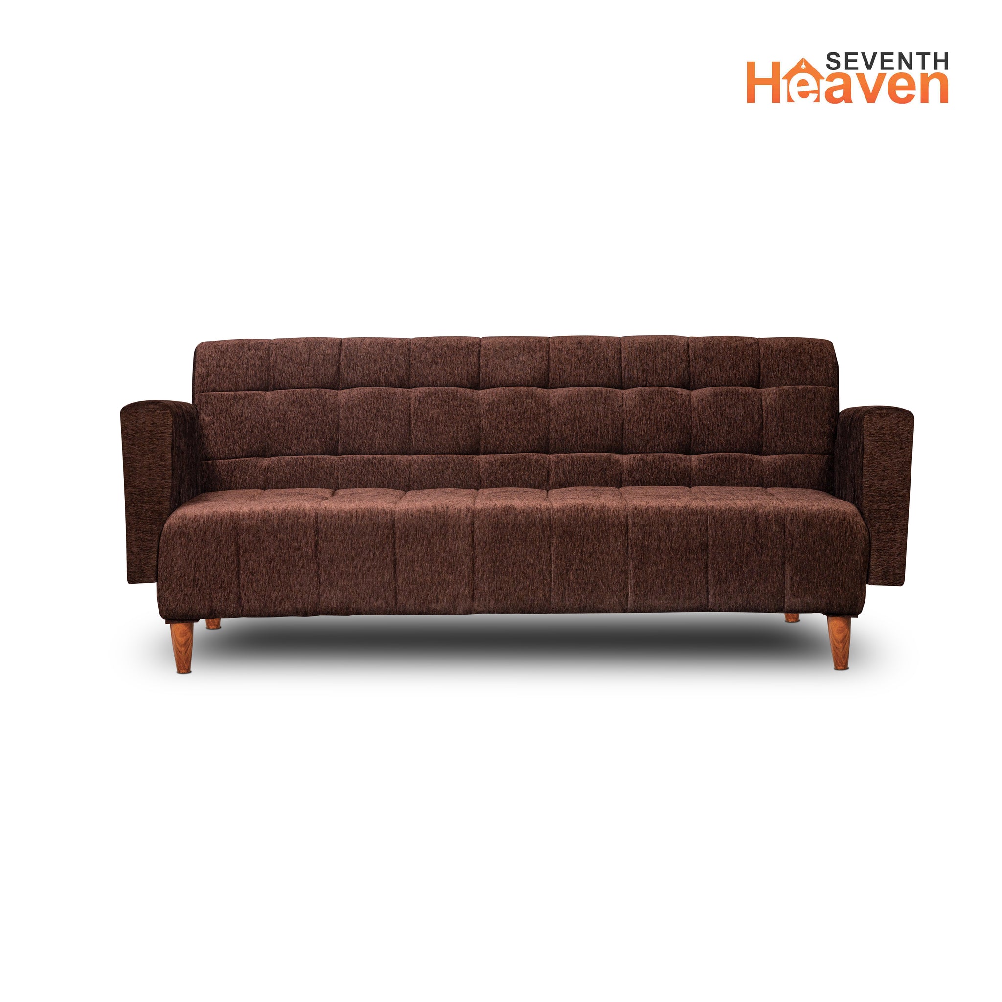 Seventh Heaven Lisbon 4 Seater Wooden Sofa Cum Bed with Armrest. Modern & Elegant Smart Furniture Range for luxurious homes, living rooms and offices. Use as a sofa, lounger or bed with removable armrest. Perfect for guests. Molphino fabric with sheesham polished wooden legs. Brown colour.