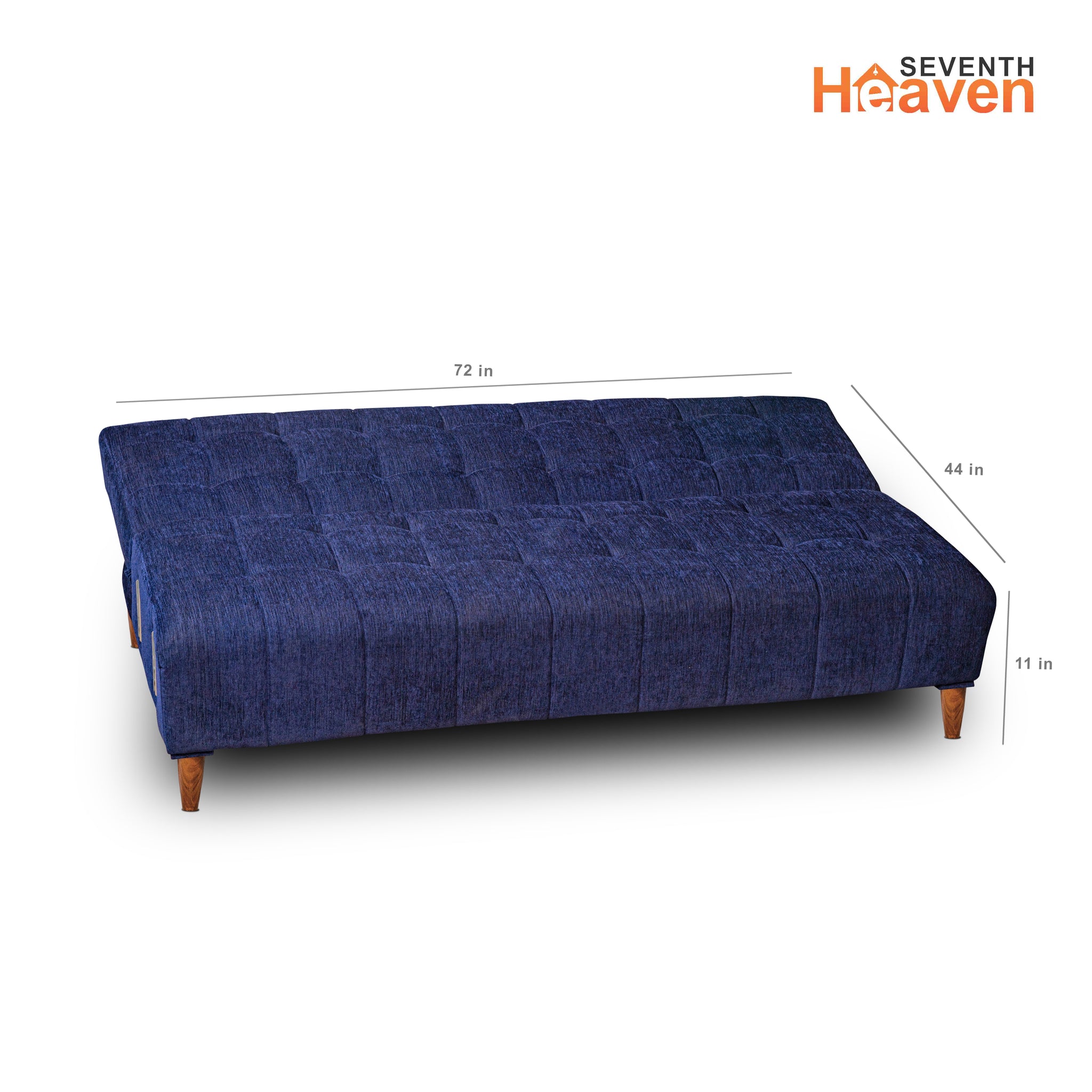 Seventh Heaven Lisbon 4 Seater Wooden Sofa Cum Bed with Armrest. Modern & Elegant Smart Furniture Range for luxurious homes, living rooms and offices. Use as a sofa, lounger or bed with removable armrest. Perfect for guests. Molphino fabric with sheesham polished wooden legs. Blue colour.