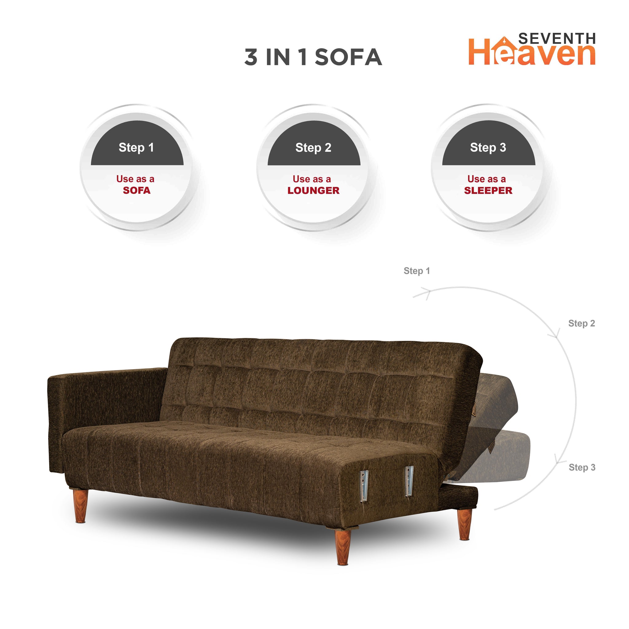 Seventh Heaven Lisbon 4 Seater Wooden Sofa Cum Bed with Armrest. Modern & Elegant Smart Furniture Range for luxurious homes, living rooms and offices. Use as a sofa, lounger or bed with removable armrest. Perfect for guests. Molphino fabric with sheesham polished wooden legs. Green colour.