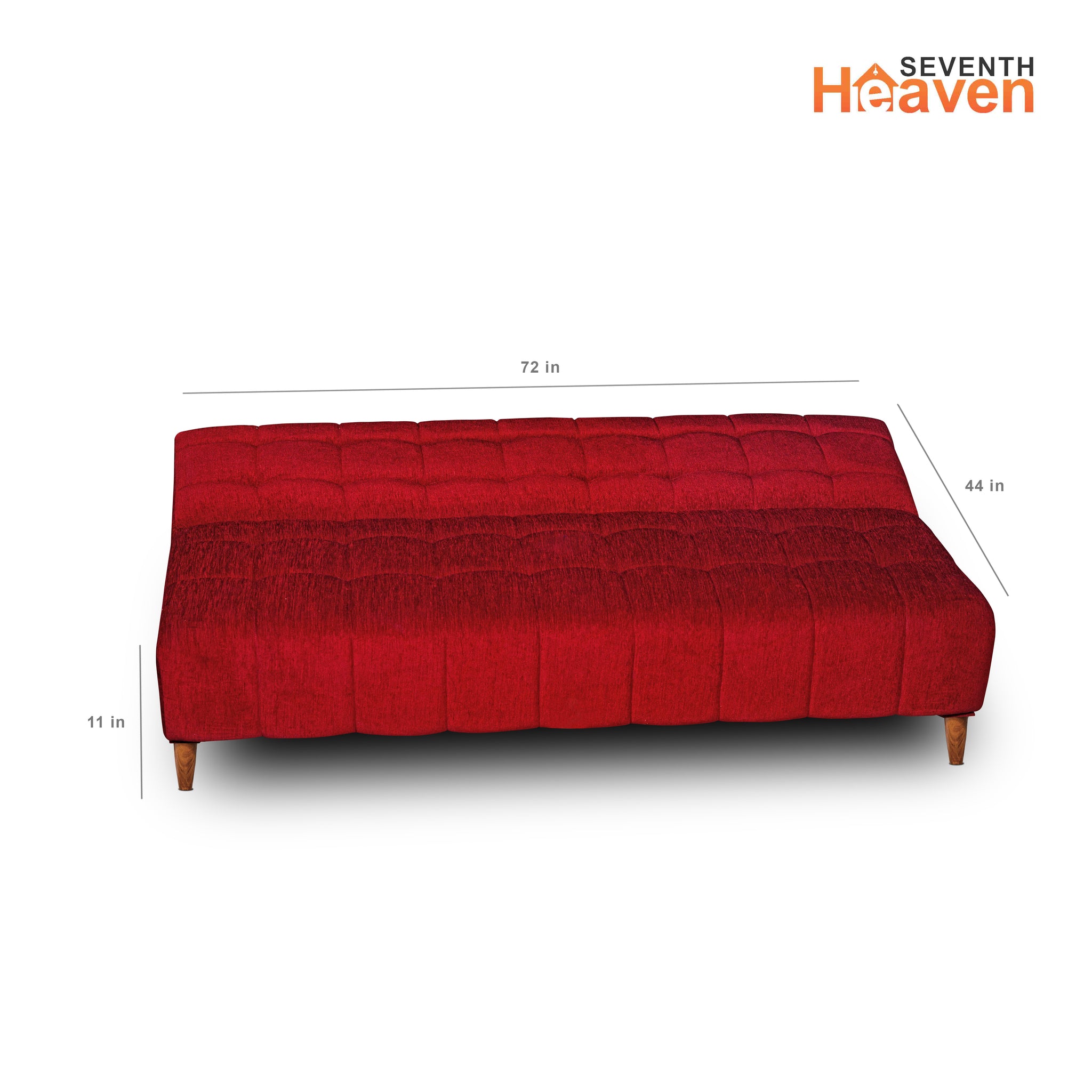 Seventh Heaven Lisbon 4 Seater Wooden Sofa Cum Bed with Armrest. Modern & Elegant Smart Furniture Range for luxurious homes, living rooms and offices. Use as a sofa, lounger or bed with removable armrest. Perfect for guests. Molphino fabric with sheesham polished wooden legs. Maroon colour.