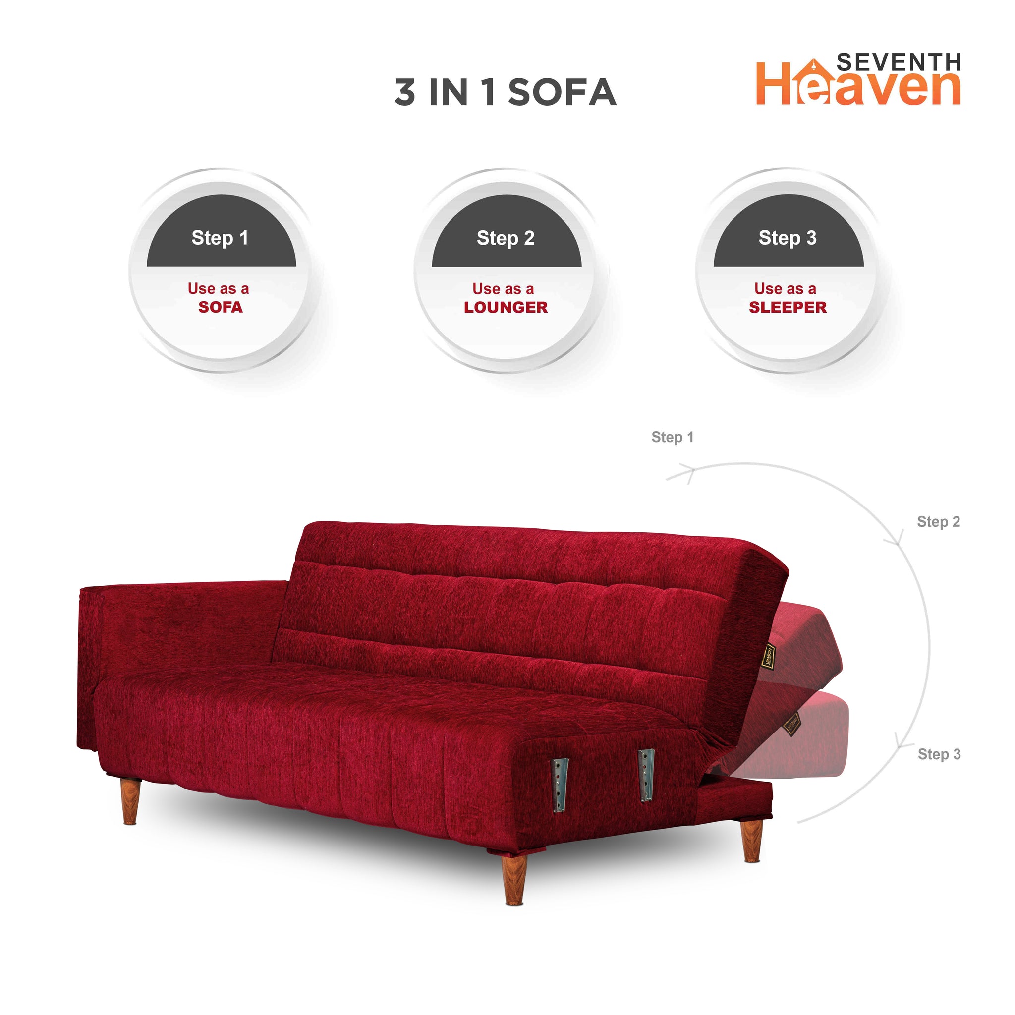 Seventh Heaven Lisbon 4 Seater Wooden Sofa Cum Bed with Armrest. Modern & Elegant Smart Furniture Range for luxurious homes, living rooms and offices. Use as a sofa, lounger or bed with removable armrest. Perfect for guests. Molphino fabric with sheesham polished wooden legs. Maroon colour.