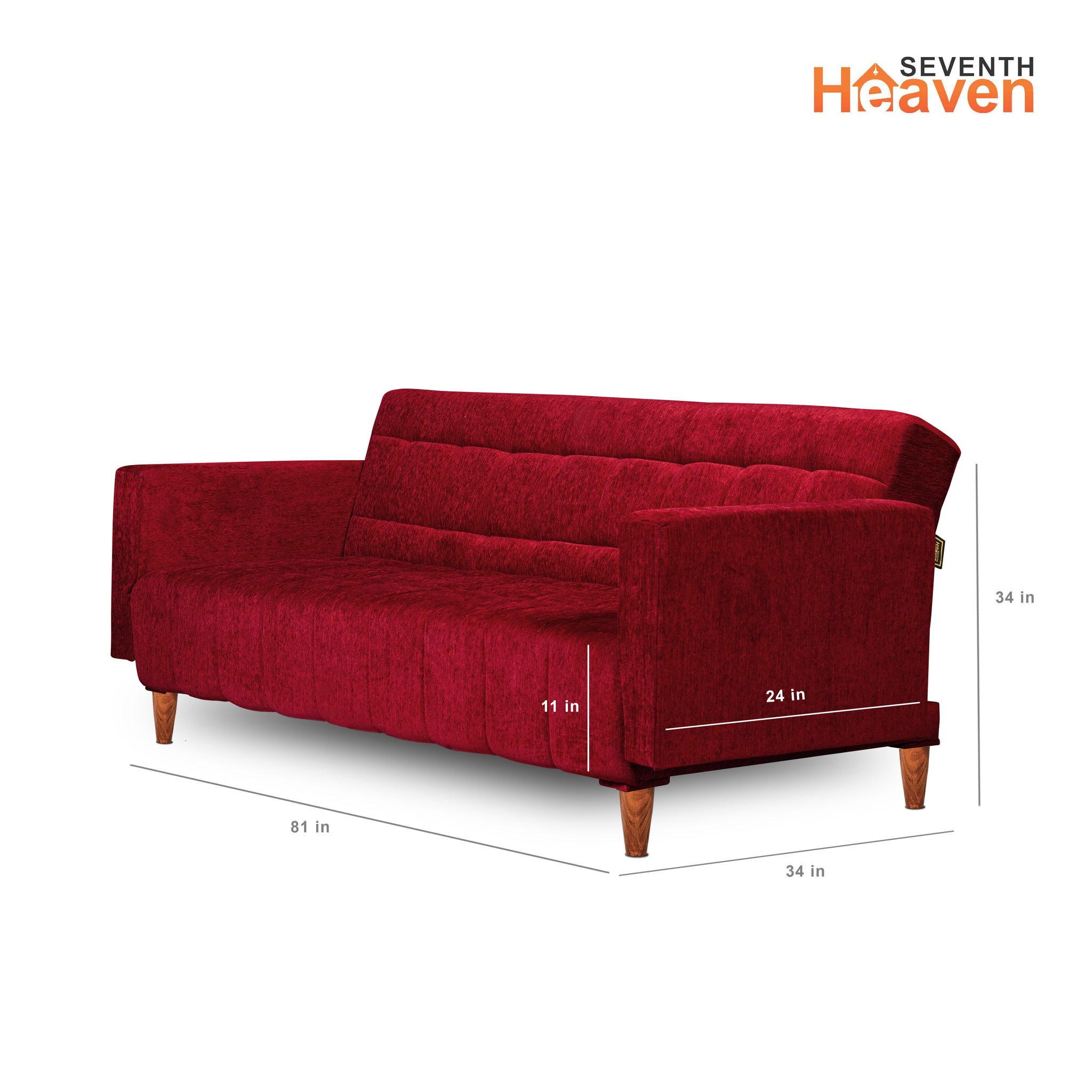 Seventh Heaven Lisbon 4 Seater Wooden Sofa Cum Bed with Armrest. Modern & Elegant Smart Furniture Range for luxurious homes, living rooms and offices. Use as a sofa, lounger or bed with removable armrest. Perfect for guests. Molphino fabric with sheesham polished wooden legs. Maroon colour.