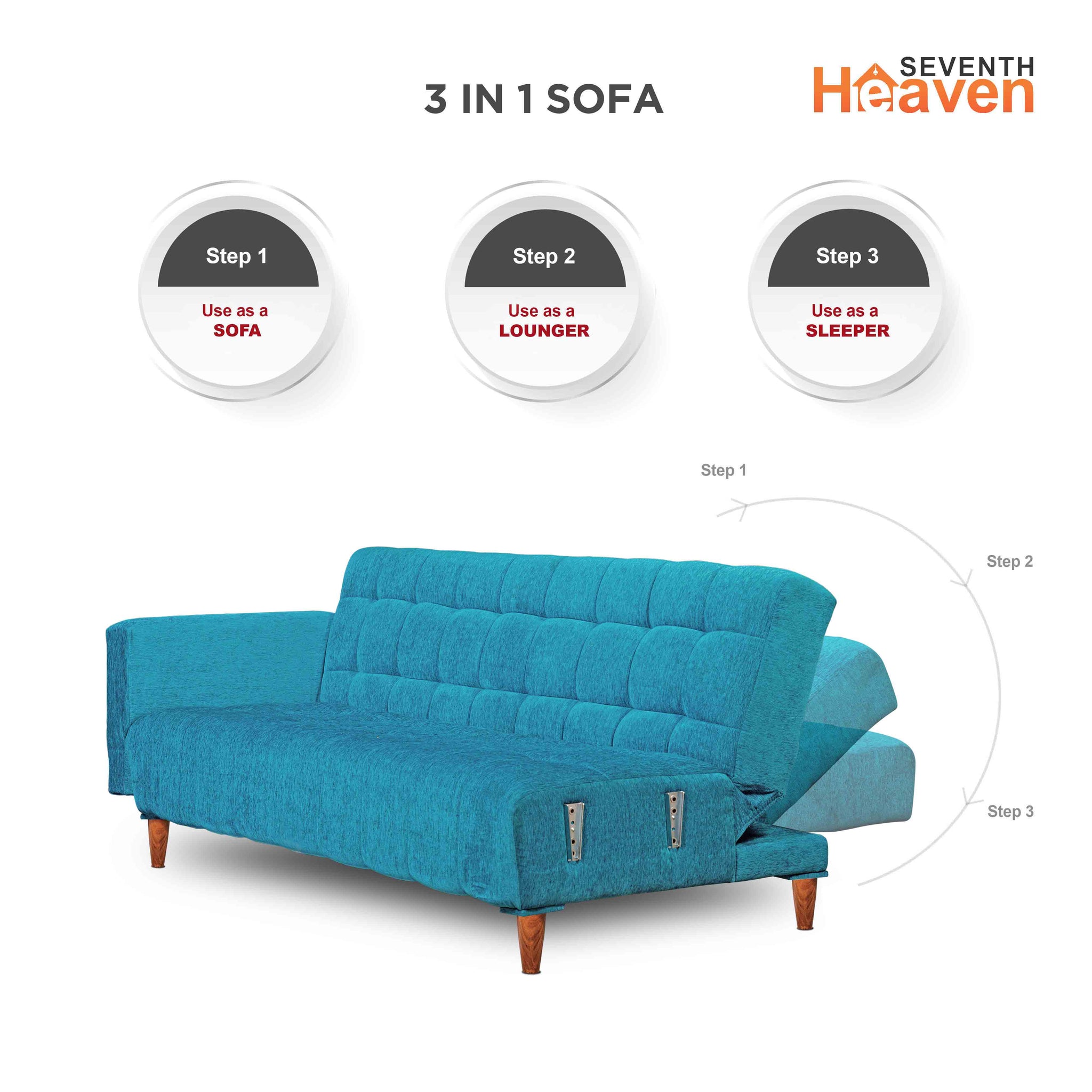 Seventh Heaven Lisbon 4 Seater Wooden Sofa Cum Bed with Armrest. Modern & Elegant Smart Furniture Range for luxurious homes, living rooms and offices. Use as a sofa, lounger or bed with removable armrest. Perfect for guests. Molphino fabric with sheesham polished wooden legs. Sky Blue colour.