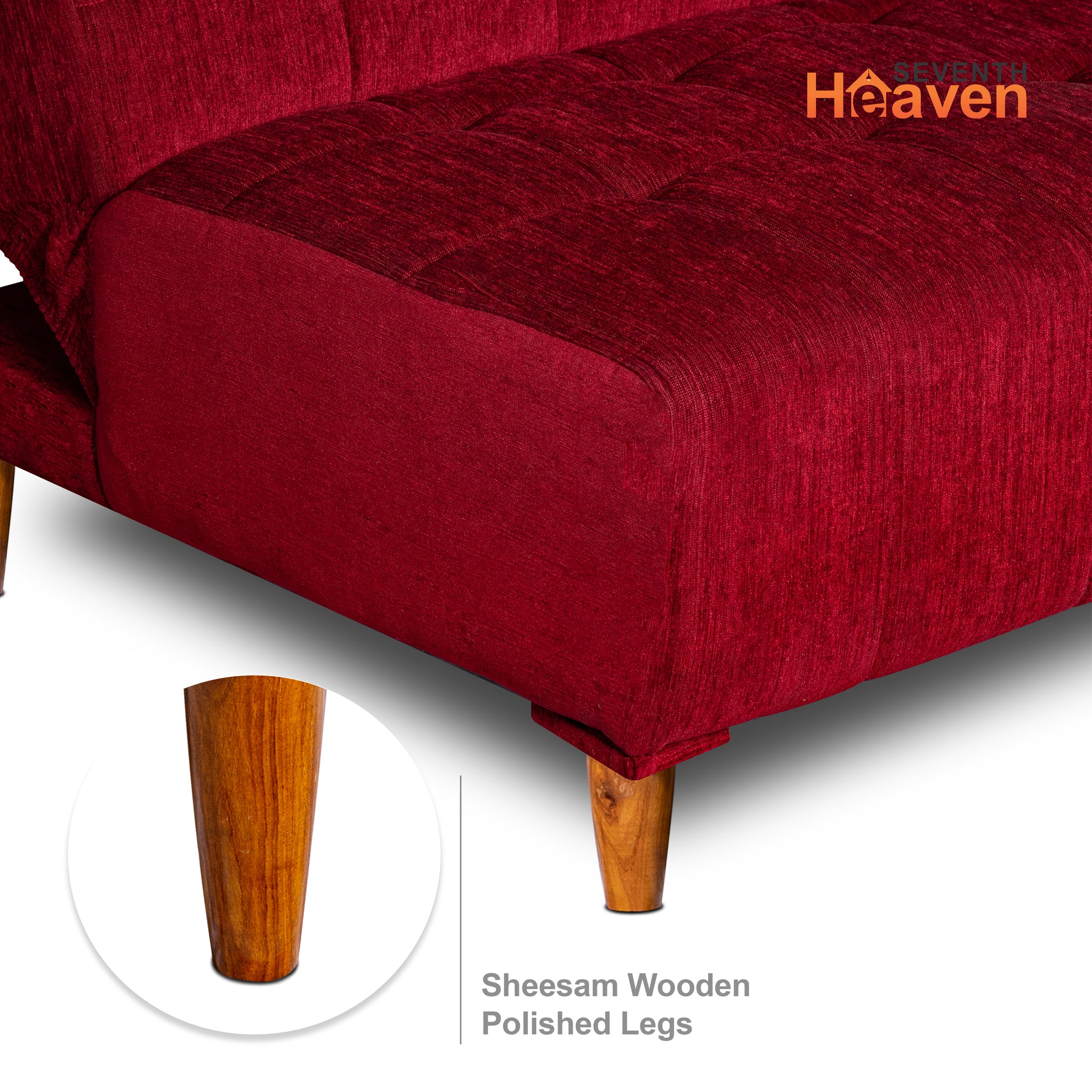Seventh Heaven Florida 4 Seater Wooden Sofa Cum Bed. Modern & Elegant Smart Furniture Range for luxurious homes, living rooms and offices. Use as a sofa, lounger or bed. Perfect for guests. Molphino fabric with sheesham polished wooden legs. Maroon colour.