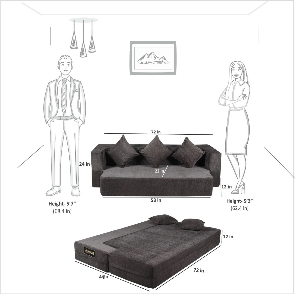 Memory Foam (72"x44"x12") Grey Molfino Fabric FlipperX Orthopedic Sofa Bed with 5 Years Warranty