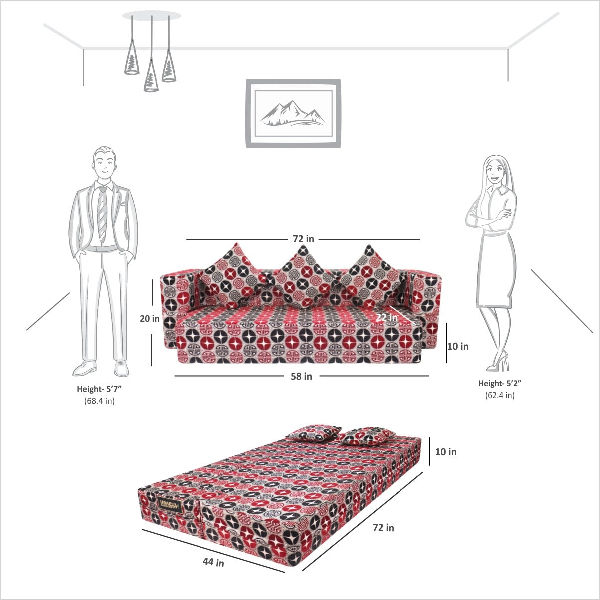 Red and Black Chenille Molfino Fabric (72"x44'x10") FlipperX Sofa Bed