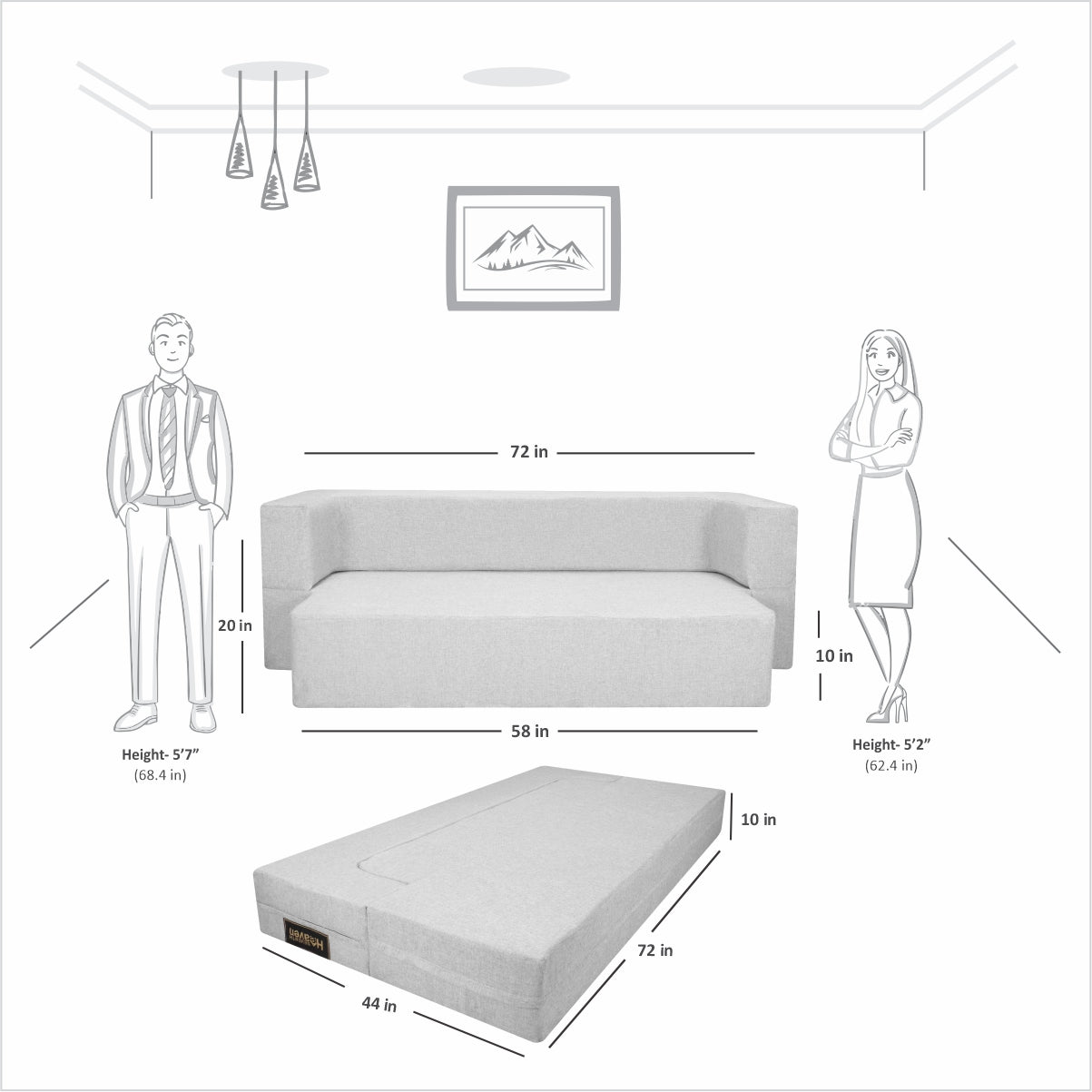 Light Grey Jute Fabric (72"x44'x10") FlipperX Sofa Bed without Cushion