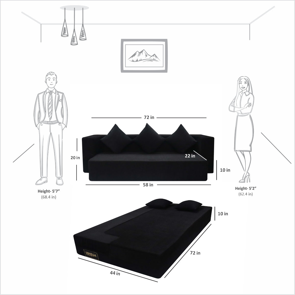 Black Molfino Fabric (72"x44'x10") FlipperX Sofa Bed