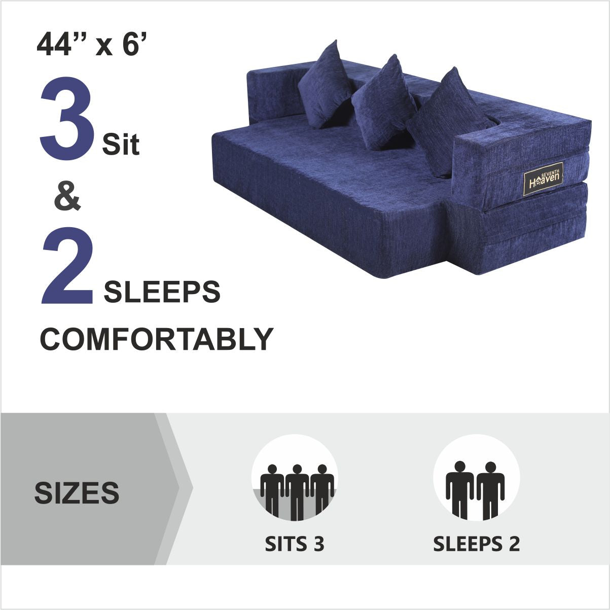 Memory Foam (72"x44"x12") Blue Molfino Fabric FlipperX Orthopedic Sofa Bed with 5 Years Warranty