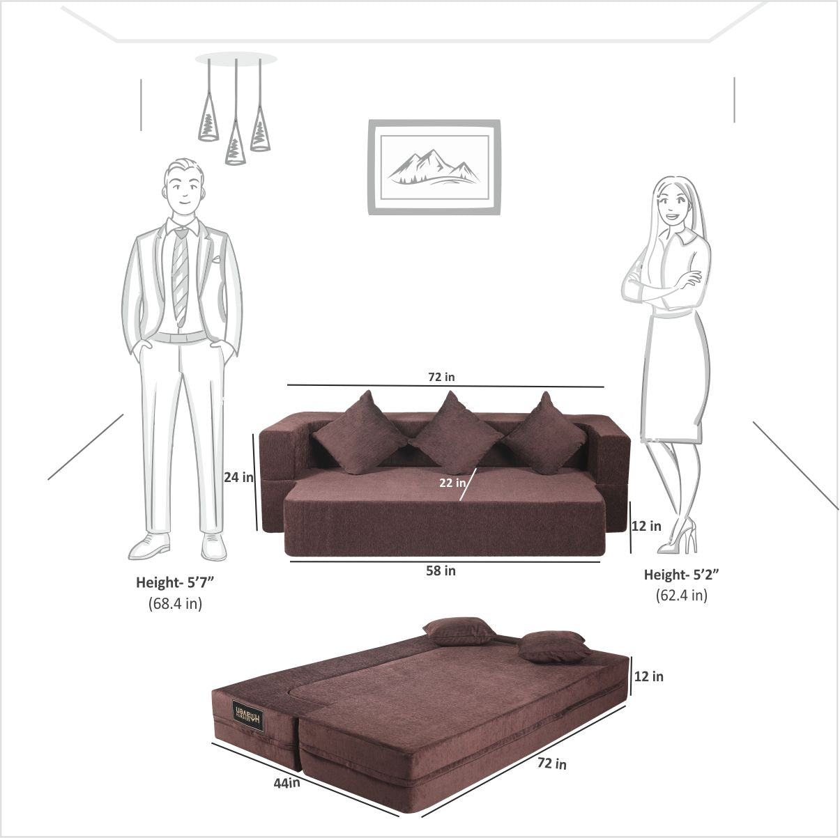 Memory Foam (72"x44"x12") Brown Molfino Fabric FlipperX Orthopedic Sofa Bed with 5 Years Warranty