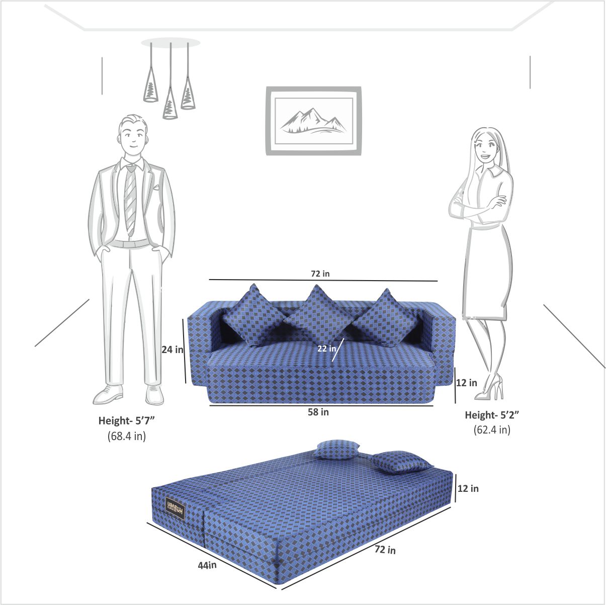 Memory Foam (72"x44"x12") Blue & Black Molfino Fabric FlipperX Orthopedic Sofa Bed with 5 Years Warranty