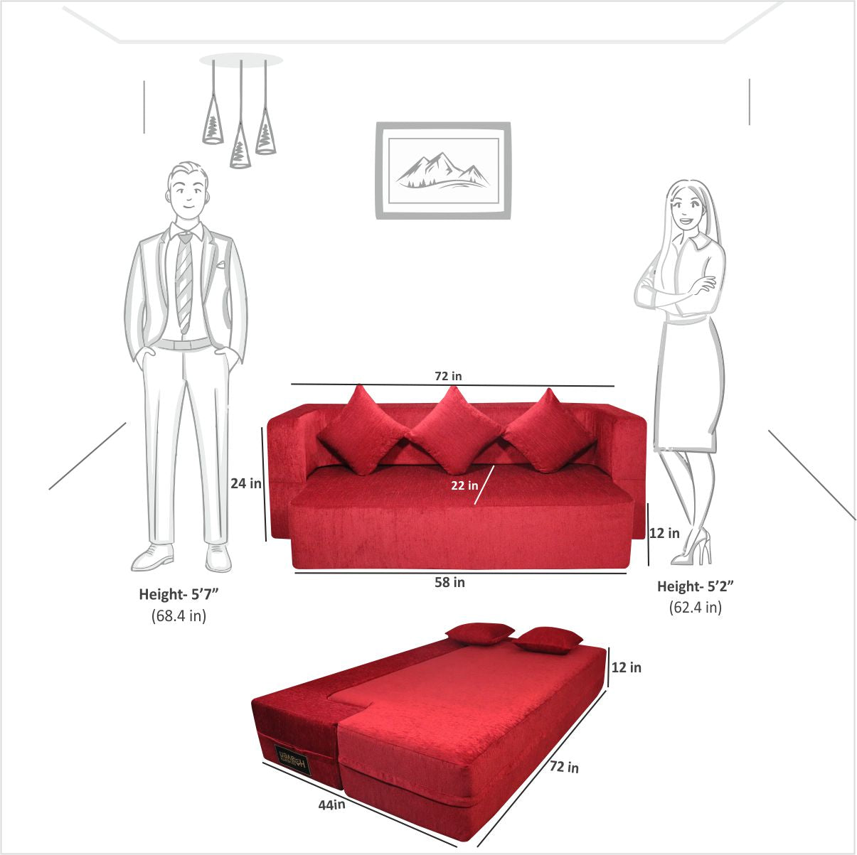 Memory Foam (72"x44"x12") Maroon Molfino Fabric FlipperX Orthopedic Sofa Bed with 5 Years Warranty