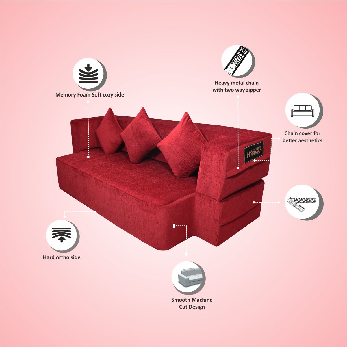 Memory Foam (72"x44"x12") Maroon Molfino Fabric FlipperX Orthopedic Sofa Bed with 5 Years Warranty