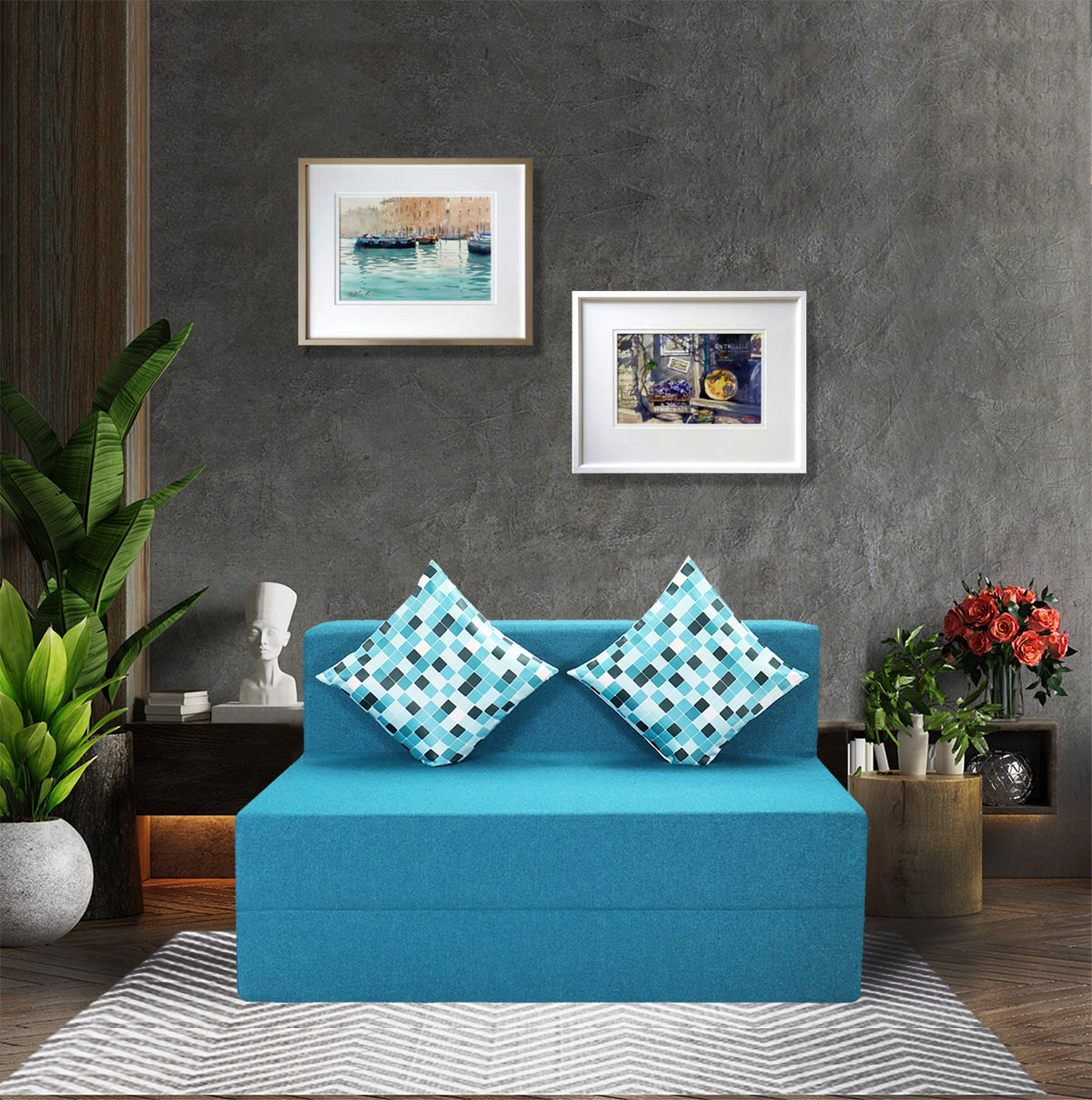 Sky Blue Jute Fabric 6×4 Sofa cum Bed with Printed Cushion